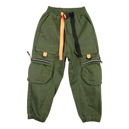 Trousers Autumn Winter Kids Boys Multi-pockets Cargo Pants Ribbon Older Children's Casual Spring Hip Hop Harem