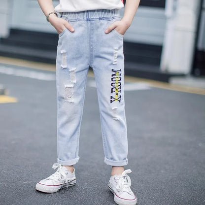 Jeans  Drop Spring Autumn Baby Girls Ripped Kids Broken Hole Pants Childrens Boys Elastic Waist Denim Trousers