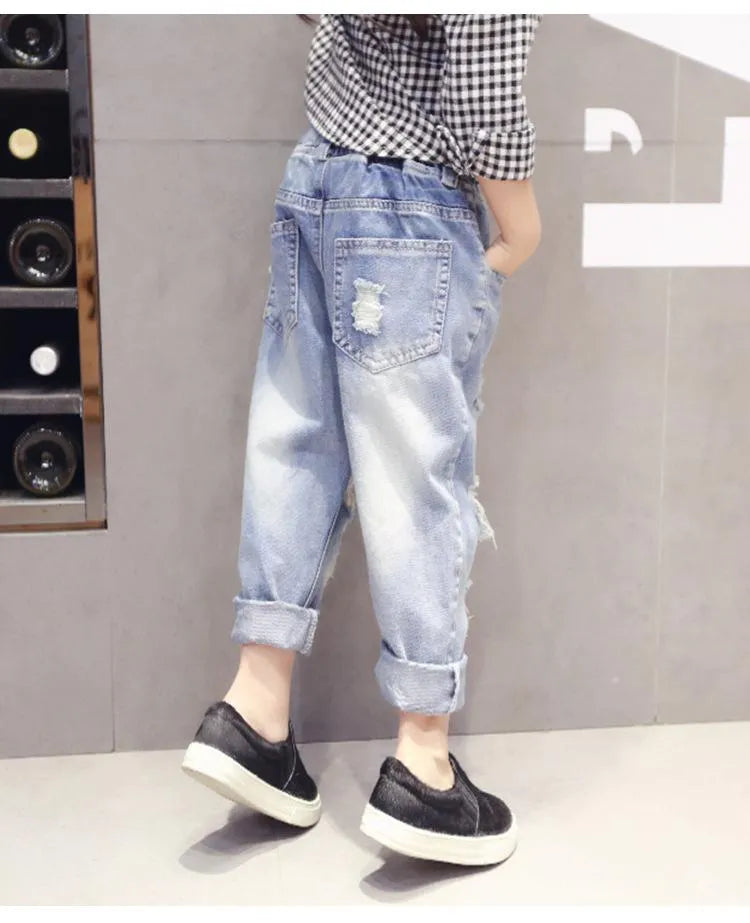 Jeans  Drop Spring Autumn Baby Girls Ripped Kids Broken Hole Pants Childrens Boys Elastic Waist Denim Trousers