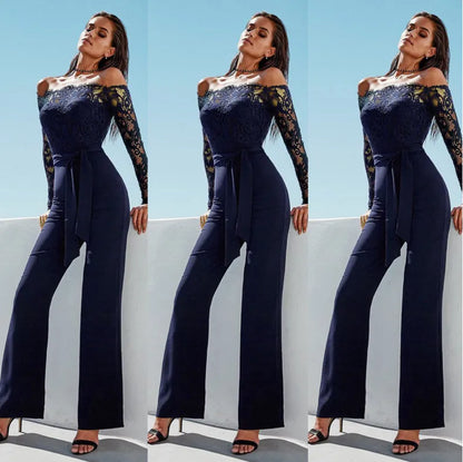 Women Sexy Off Shoulder Long Mesh Sleeve Trousers Jumpsuits White Lace Playsuit Jumpsuit Black Plus Size S-XL