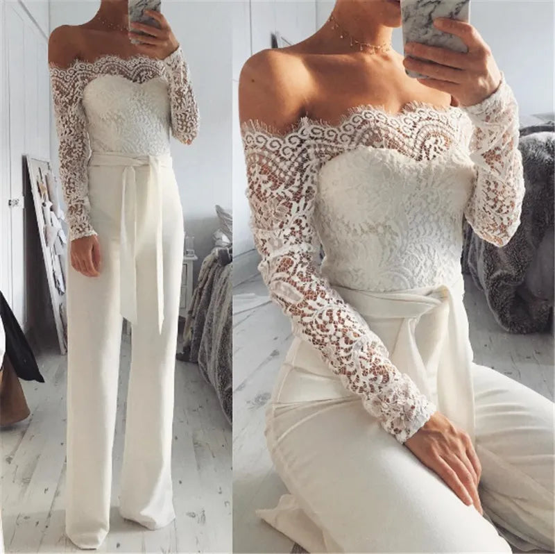 Women Sexy Off Shoulder Long Mesh Sleeve Trousers Jumpsuits White Lace Playsuit Jumpsuit Black Plus Size S-XL