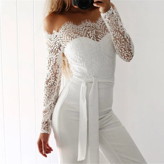 Women Sexy Off Shoulder Long Mesh Sleeve Trousers Jumpsuits White Lace Playsuit Jumpsuit Black Plus Size S-XL