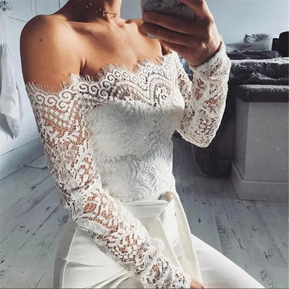 Women Sexy Off Shoulder Long Mesh Sleeve Trousers Jumpsuits White Lace Playsuit Jumpsuit Black Plus Size S-XL