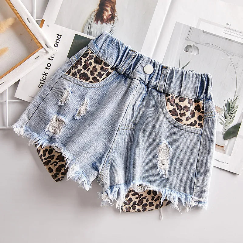 Summer baby girl shorts kids jeans pants fashion Leopard print patchwork for s bottom clothes 2 to 14 years 220627