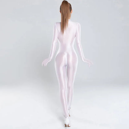 Silky See Through Rompers Shiny Glossy Sexy Jumpsuits Women Full Body Long Sleeve Finger Gloves Clubwear High Elastic Bodysuits 220521