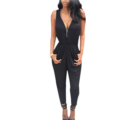 Wholesale-Womens Jumpsuit 2016 Summer V Neck Sleeveless Zipper Bodysuit Sexy Club Party Casual One Piece Rompers Elegant Overalls Playsuit