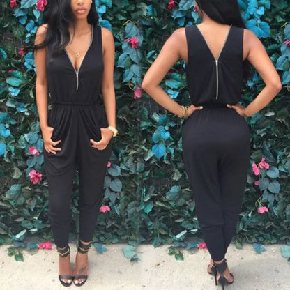 Wholesale-Womens Jumpsuit 2016 Summer V Neck Sleeveless Zipper Bodysuit Sexy Club Party Casual One Piece Rompers Elegant Overalls Playsuit