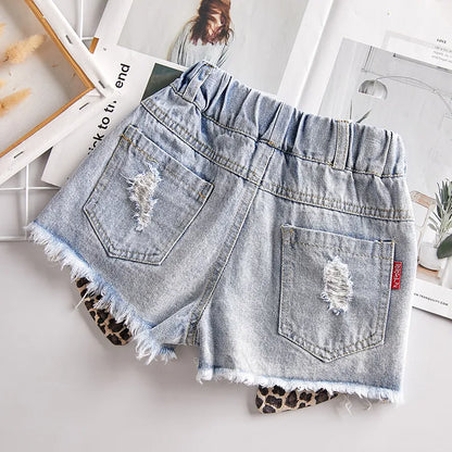 Summer baby girl shorts kids jeans pants fashion Leopard print patchwork for s bottom clothes 2 to 14 years 220627