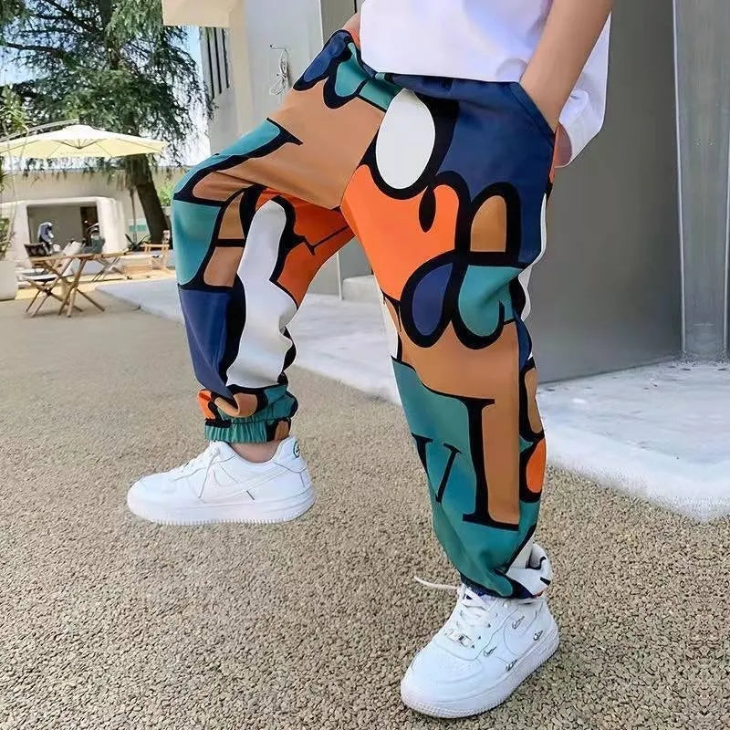 Boys Print Casual Pants Summer Graffiti Designer Sweatpants Thin Long Pant Teenage Kids Clothes for 2 12 Y 220808