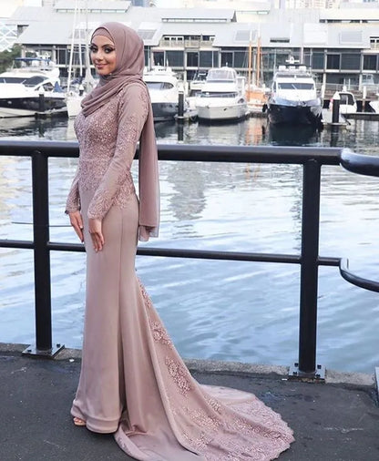 100% Real Image Dusty Pink Muslim Mermaid Evening Dresses Appliques Satin Long Sleeves Prom Dresses Formal Gowns Sweep Train