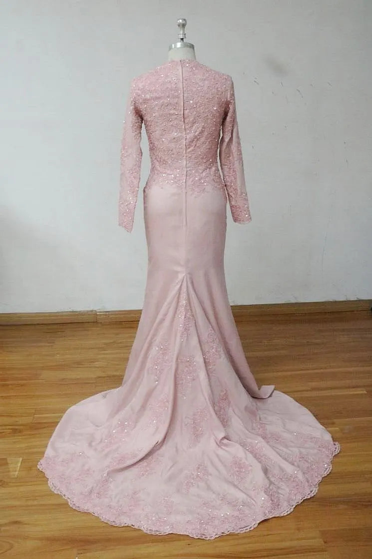 100% Real Image Dusty Pink Muslim Mermaid Evening Dresses Appliques Satin Long Sleeves Prom Dresses Formal Gowns Sweep Train