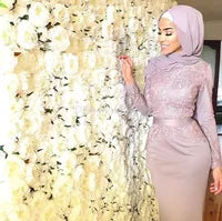 100% Real Image Dusty Pink Muslim Mermaid Evening Dresses Appliques Satin Long Sleeves Prom Dresses Formal Gowns Sweep Train