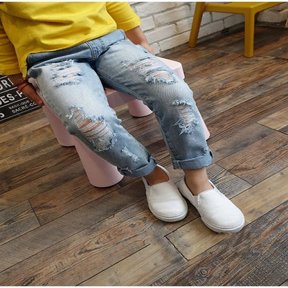 Denim Casual Ripped Pants Loose Cuffed Little Boy Girl  Fashion Jeans Girls