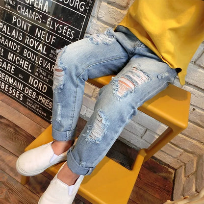 Denim Casual Ripped Pants Loose Cuffed Little Boy Girl  Fashion Jeans Girls