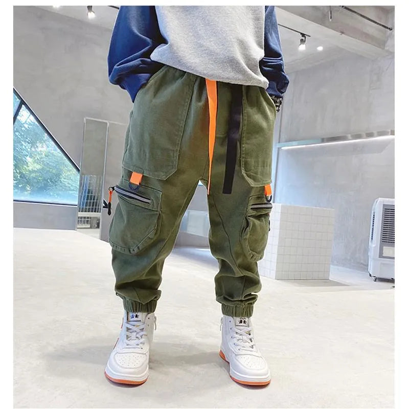 Trousers Autumn Winter Kids Boys Multi-pockets Cargo Pants Ribbon Older Children's Casual Spring Hip Hop Harem