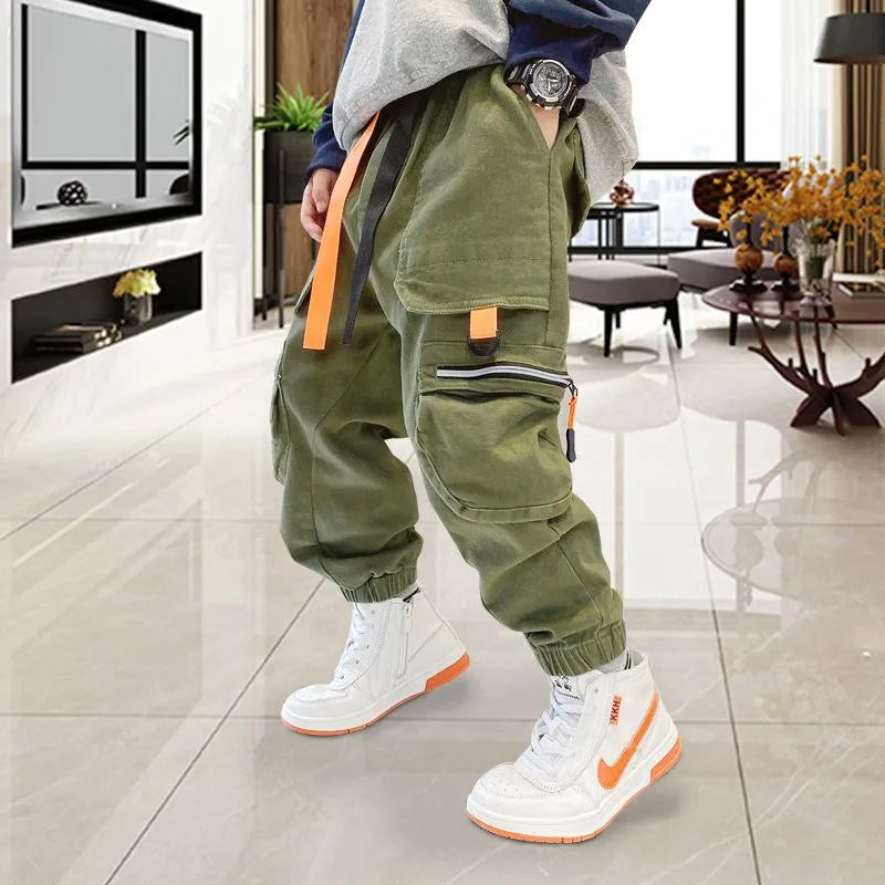 Trousers Autumn Winter Kids Boys Multi-pockets Cargo Pants Ribbon Older Children's Casual Spring Hip Hop Harem