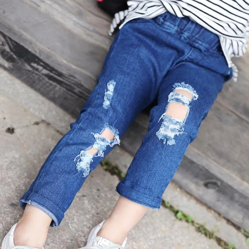 Jeans  Drop Spring Autumn Baby Girls Ripped Kids Broken Hole Pants Childrens Boys Elastic Waist Denim Trousers