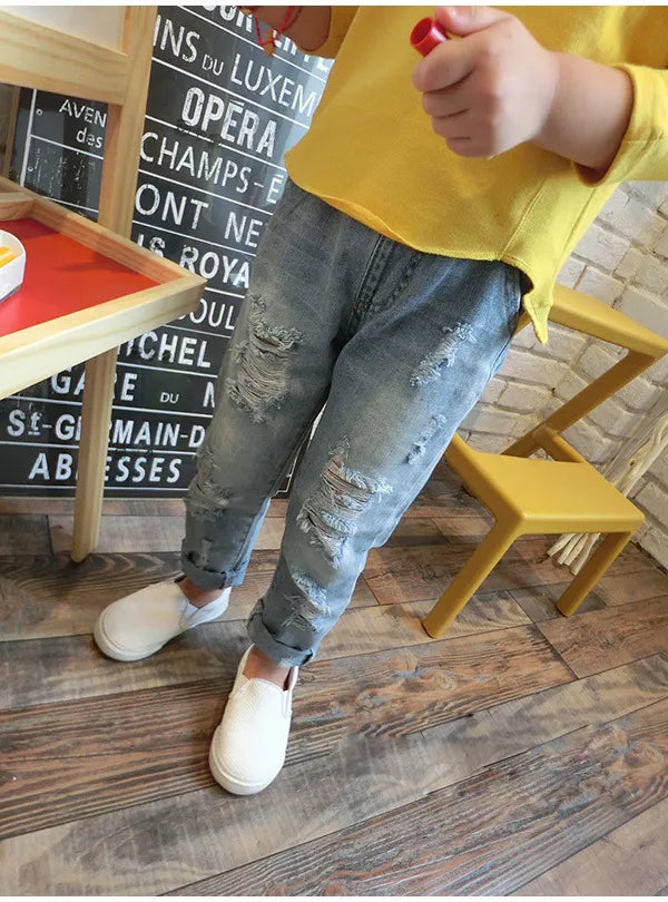 Denim Casual Ripped Pants Loose Cuffed Little Boy Girl  Fashion Jeans Girls