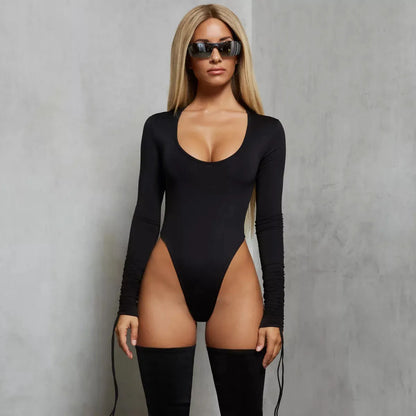 Spring Autumn Fall Winter Black Bodycon Round Neck Stretch Long Sleeve Bodysuit Women Sexy Jumpsuit Body Tops 210514