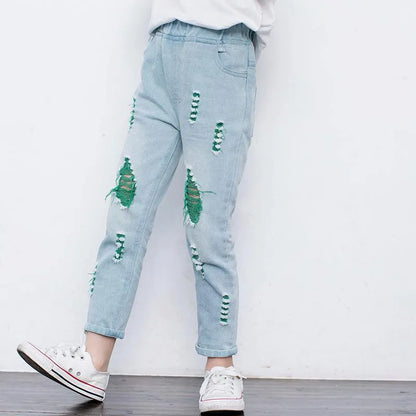 Jeans  Drop Spring Autumn Baby Girls Ripped Kids Broken Hole Pants Childrens Boys Elastic Waist Denim Trousers