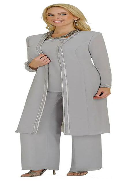 Chiffon Plus Size Mothers Suit Long Sleeves Jacket Pants Mother of the Bride Groom Wedding Party Gowns Evening Prom Dress