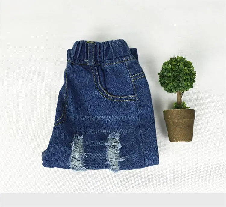 Jeans  Drop Spring Autumn Baby Girls Ripped Kids Broken Hole Pants Childrens Boys Elastic Waist Denim Trousers