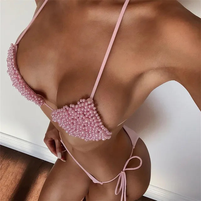 White Pearl Bikini  mujer Sexy Backless Lace-up Swimsuit Pink Micro Mini Beach Swimwear Women 2 Pieces Thong Bikini Sets