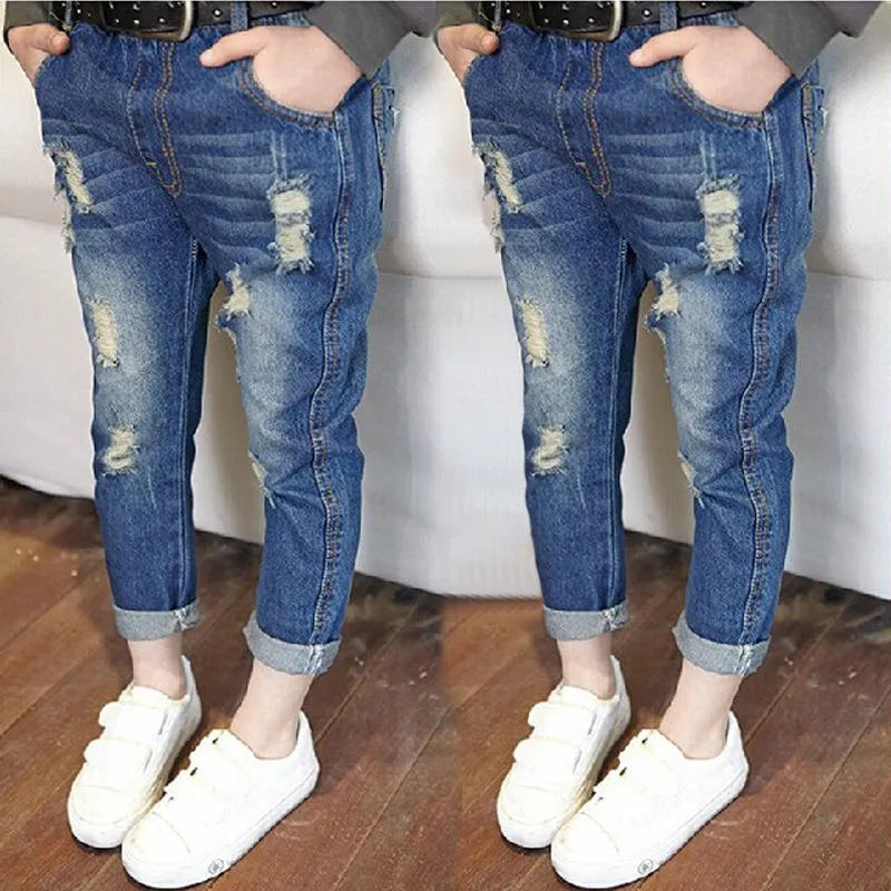 Jeans  Drop Spring Autumn Baby Girls Ripped Kids Broken Hole Pants Childrens Boys Elastic Waist Denim Trousers