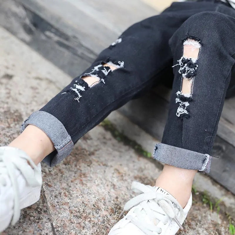 Jeans  Drop Spring Autumn Baby Girls Ripped Kids Broken Hole Pants Childrens Boys Elastic Waist Denim Trousers