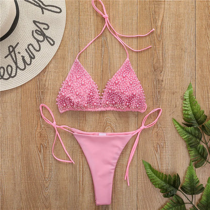 White Pearl Bikini  mujer Sexy Backless Lace-up Swimsuit Pink Micro Mini Beach Swimwear Women 2 Pieces Thong Bikini Sets