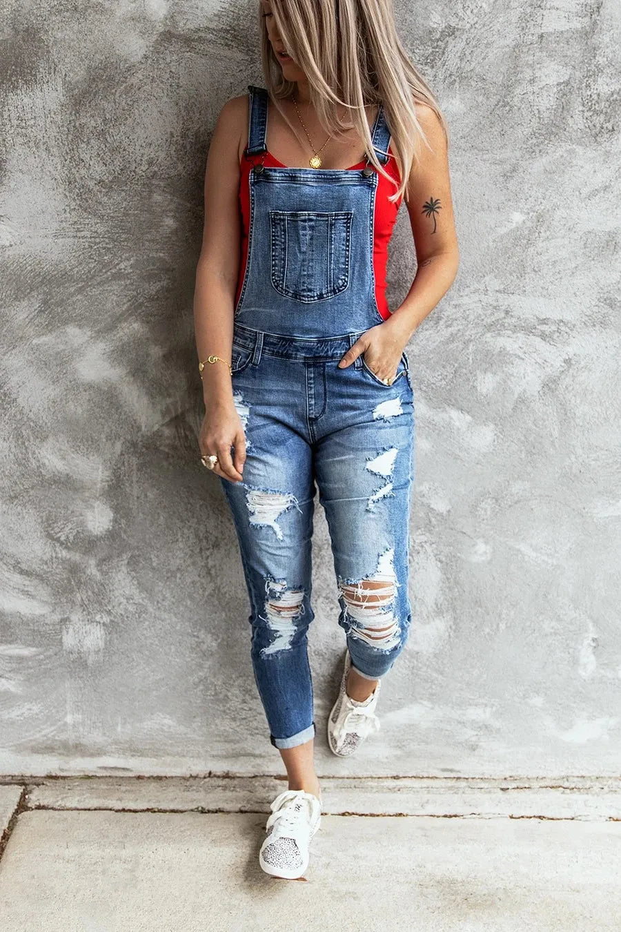 Women Retro Denim Bib Overalls Jeans Jumpsuits and Rompers Ladies Ripped Hole Casual Stretch Long Playsuit Pockets Jumpsuit for Womens