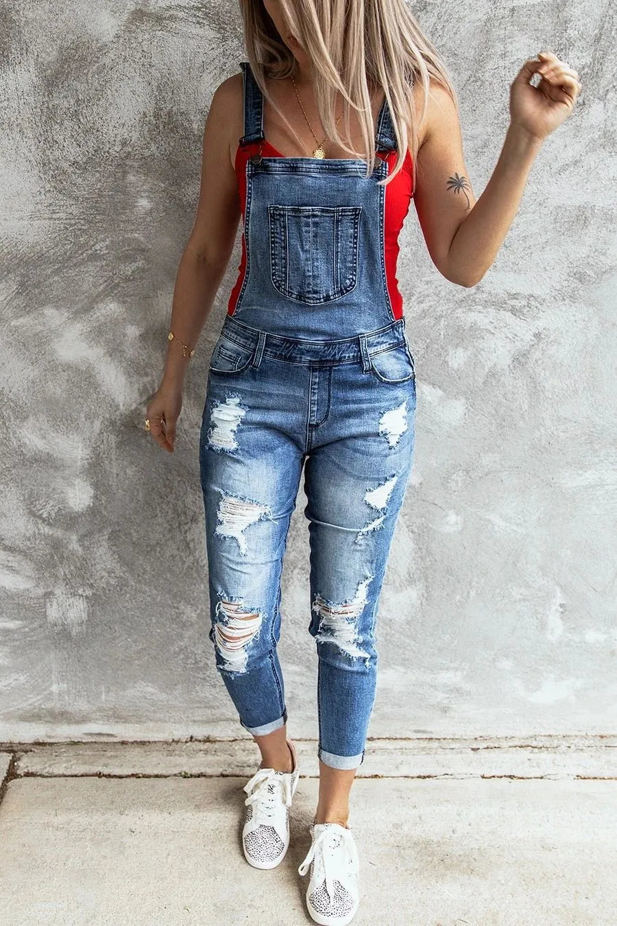 Women Retro Denim Bib Overalls Jeans Jumpsuits and Rompers Ladies Ripped Hole Casual Stretch Long Playsuit Pockets Jumpsuit for Womens