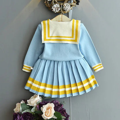 fashion kids winter sweaters baby girl clothes cute bow tie college wind jacket and skirt suit Q0716