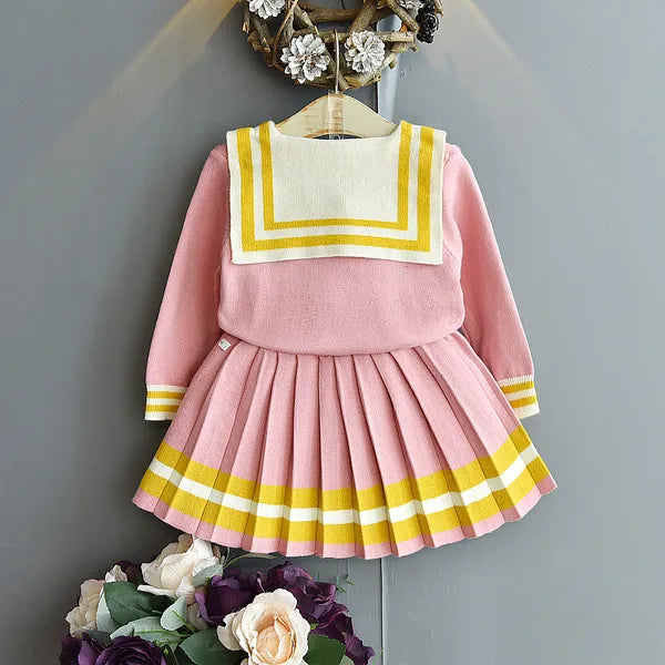 fashion kids winter sweaters baby girl clothes cute bow tie college wind jacket and skirt suit Q0716