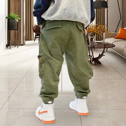 Trousers Autumn Winter Kids Boys Multi-pockets Cargo Pants Ribbon Older Children's Casual Spring Hip Hop Harem