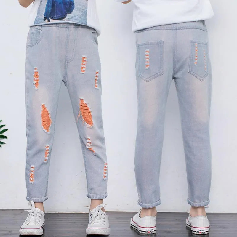 Jeans  Drop Spring Autumn Baby Girls Ripped Kids Broken Hole Pants Childrens Boys Elastic Waist Denim Trousers