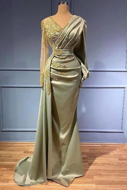 Arabic Dubai V Neck Satin Mermaid Evening Dress Sheer Long Sleeves Beaded Ruched Floor Length Formal Party Gowns Special Ocn Dresses BC