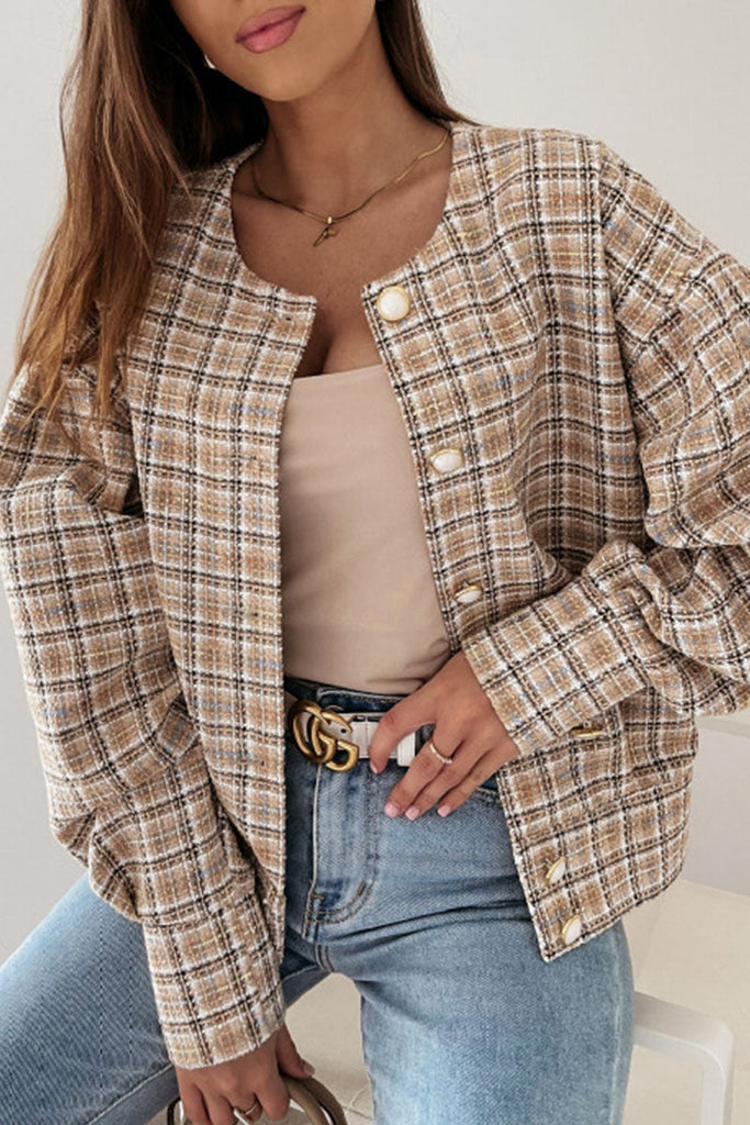 funninessgames Fashion Street Plaid Patchwork O Neck Outerwear