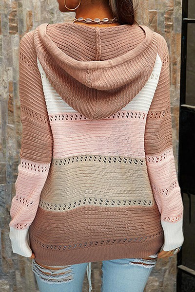 Casual Patchwork Draw String Cross Straps Contrast Hooded Collar Tops