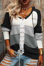 Load image into Gallery viewer, Casual Patchwork Draw String Cross Straps Contrast Hooded Collar Tops