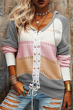 Load image into Gallery viewer, Casual Patchwork Draw String Cross Straps Contrast Hooded Collar Tops