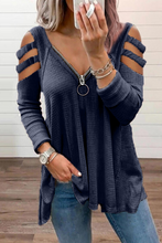 Load image into Gallery viewer, funninessgames Casual Solid Hollowed Out Zipper V Neck Tops