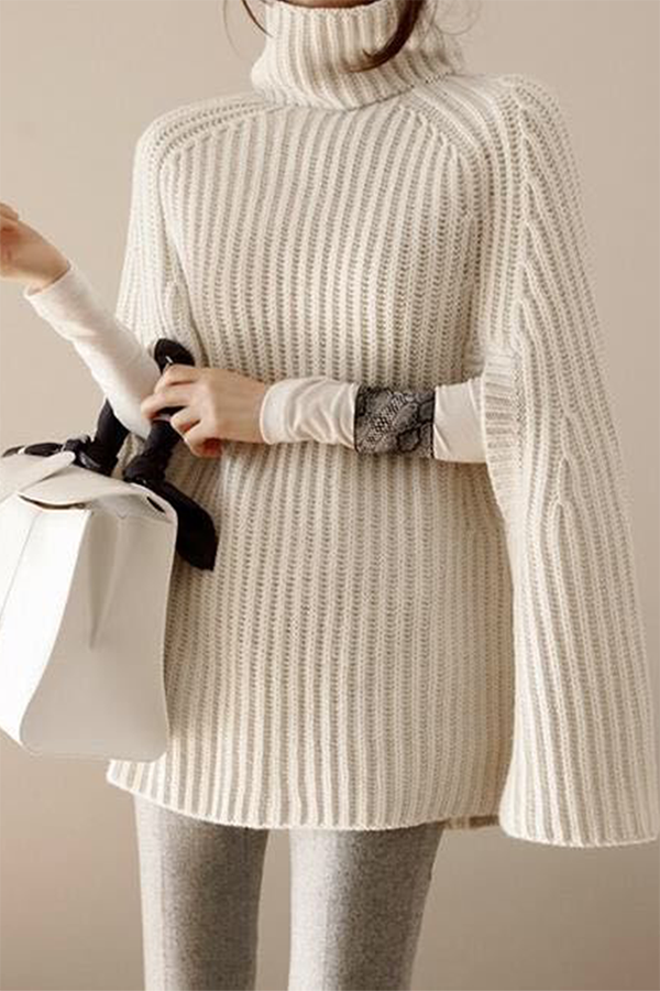 Casual Street Solid Patchwork Turtleneck Tops Sweater (Without Belt)(4 Colors)