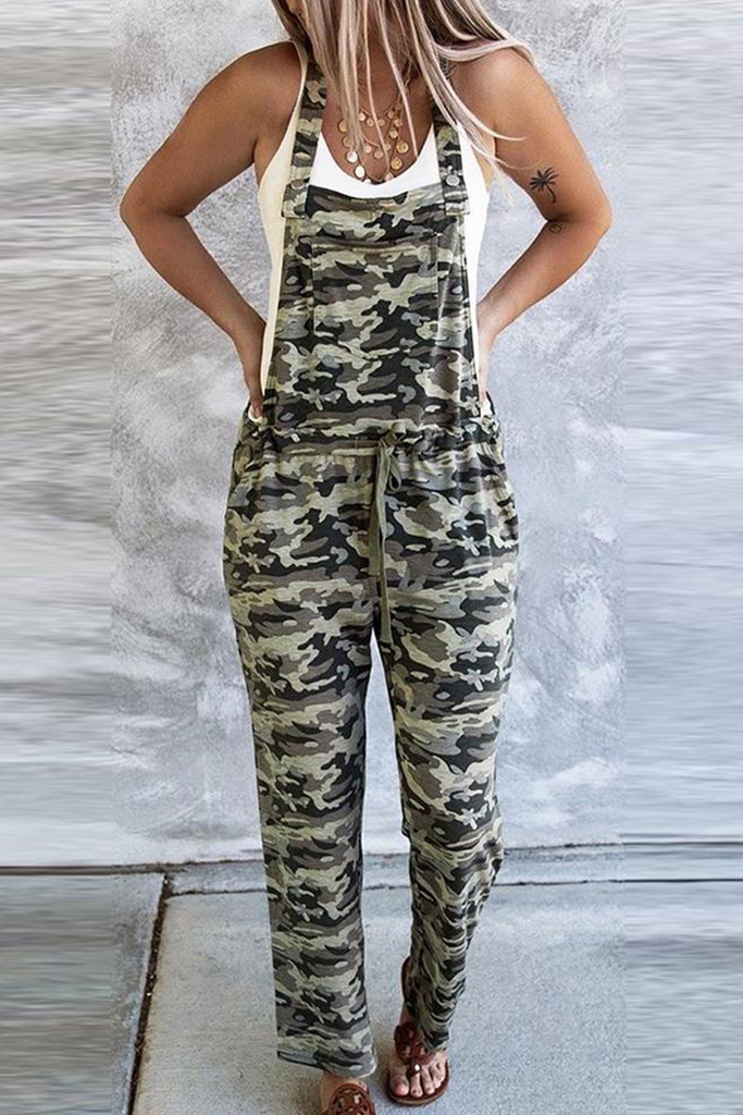 funninessgames Casual Camouflage Print Split Joint Square Collar Harlan Jumpsuits