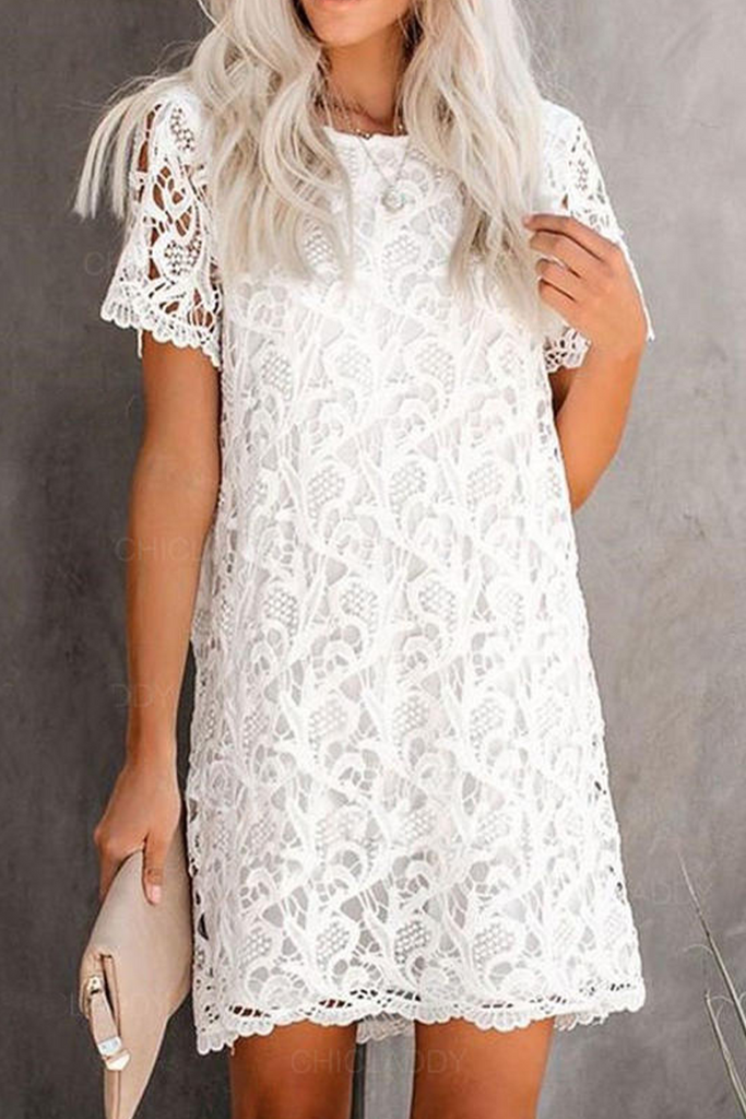 funninessgames Casual Solid Lace O Neck Straight Dresses