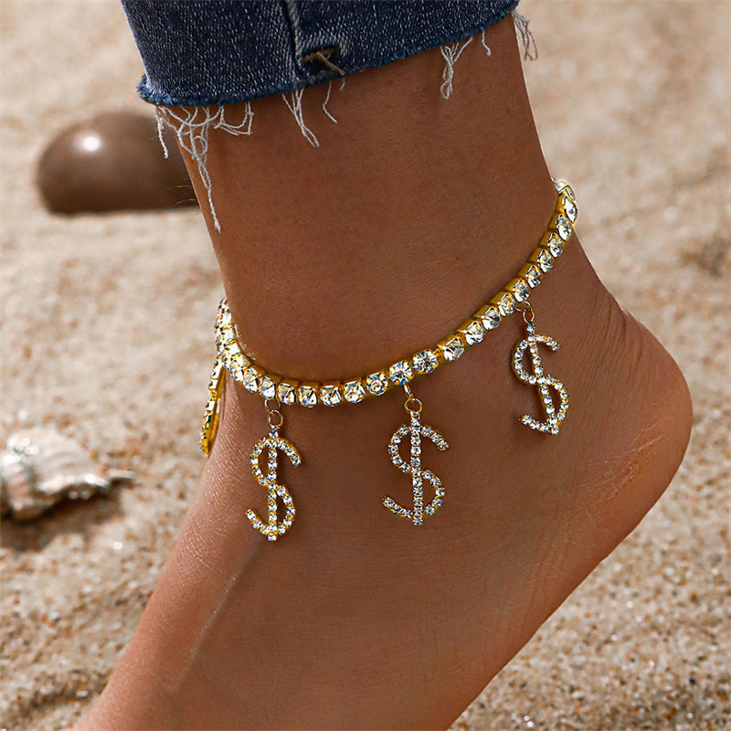 funninessgames Casual Daily Simplicity Letter Patchwork Rhinestone Anklet