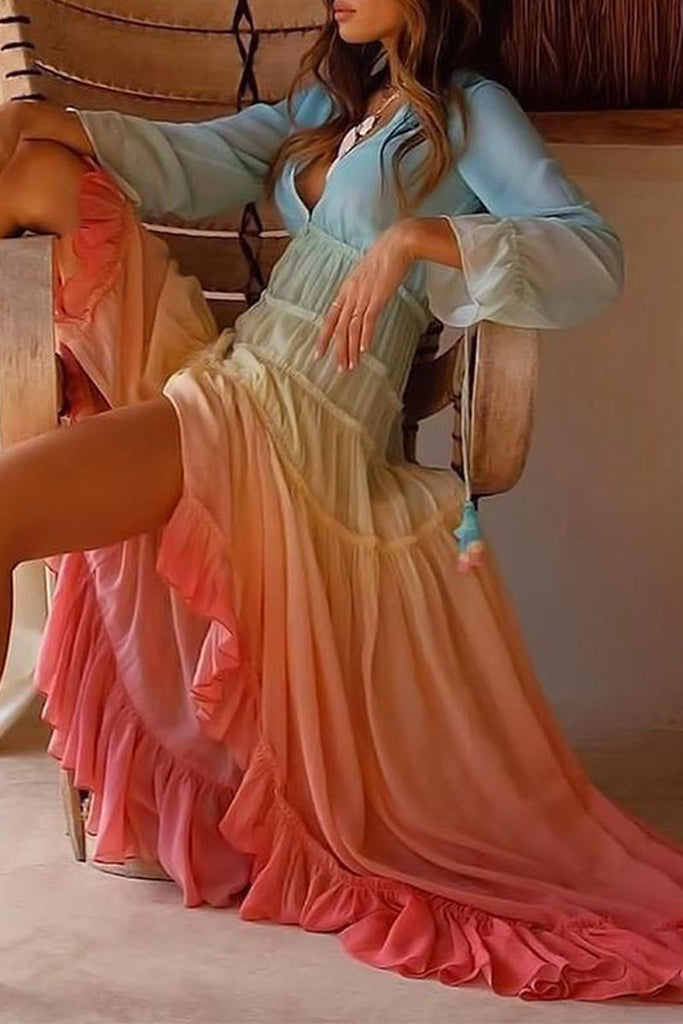 funninessgames Elegant Gradual Change Patchwork Frenulum V Neck Printed Dress Dresses(3 Colors)