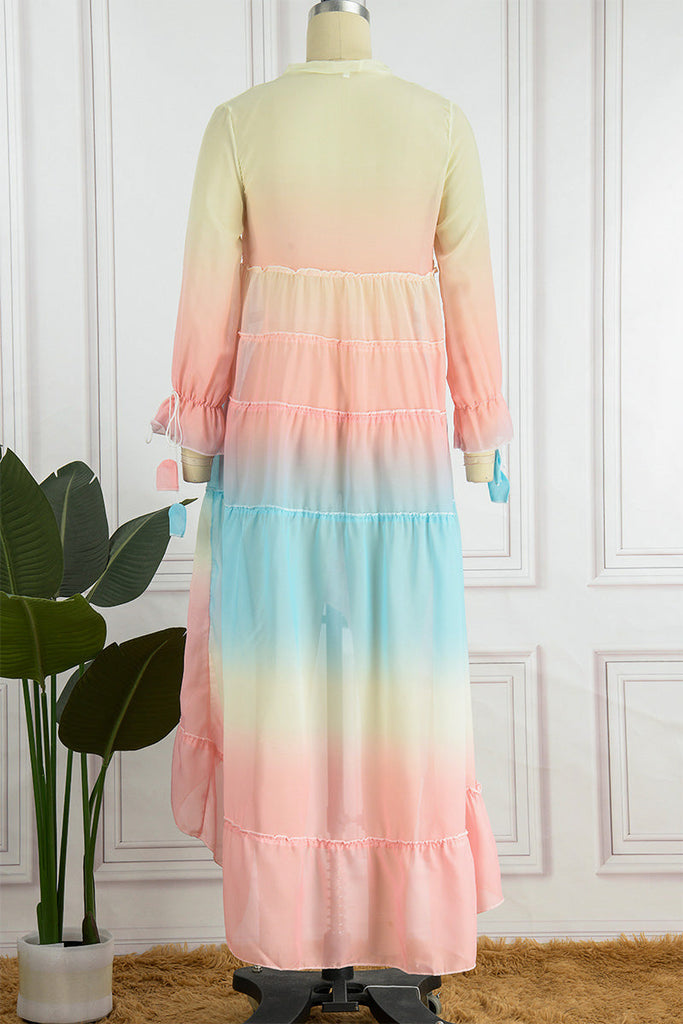 funninessgames Elegant Gradual Change Patchwork Frenulum V Neck Printed Dress Dresses(3 Colors)