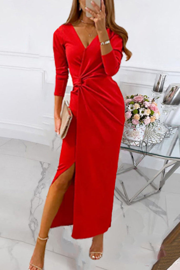 funninessgames Elegant Solid Slit Fold V Neck Evening Dress Dresses(4 Colors)