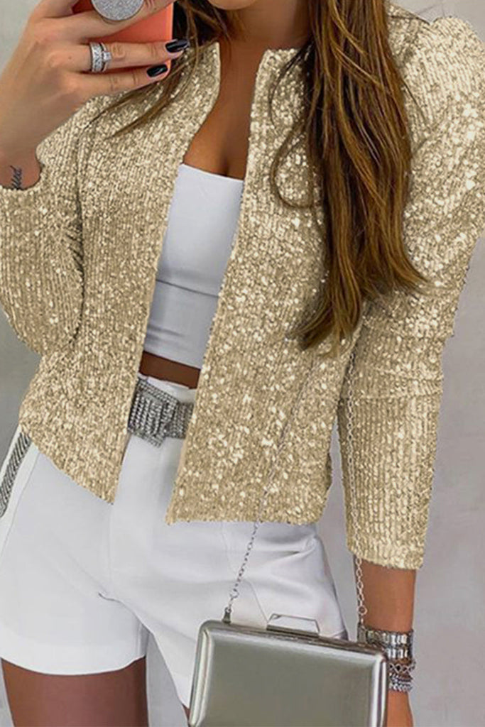 funninessgames Fashion Solid Sequins Patchwork O Neck Outerwear